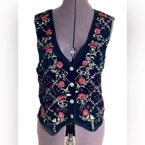 Tantrums Vtg Velvet Embroidered Vest Size Medium Black Holiday Dark Cottagecore